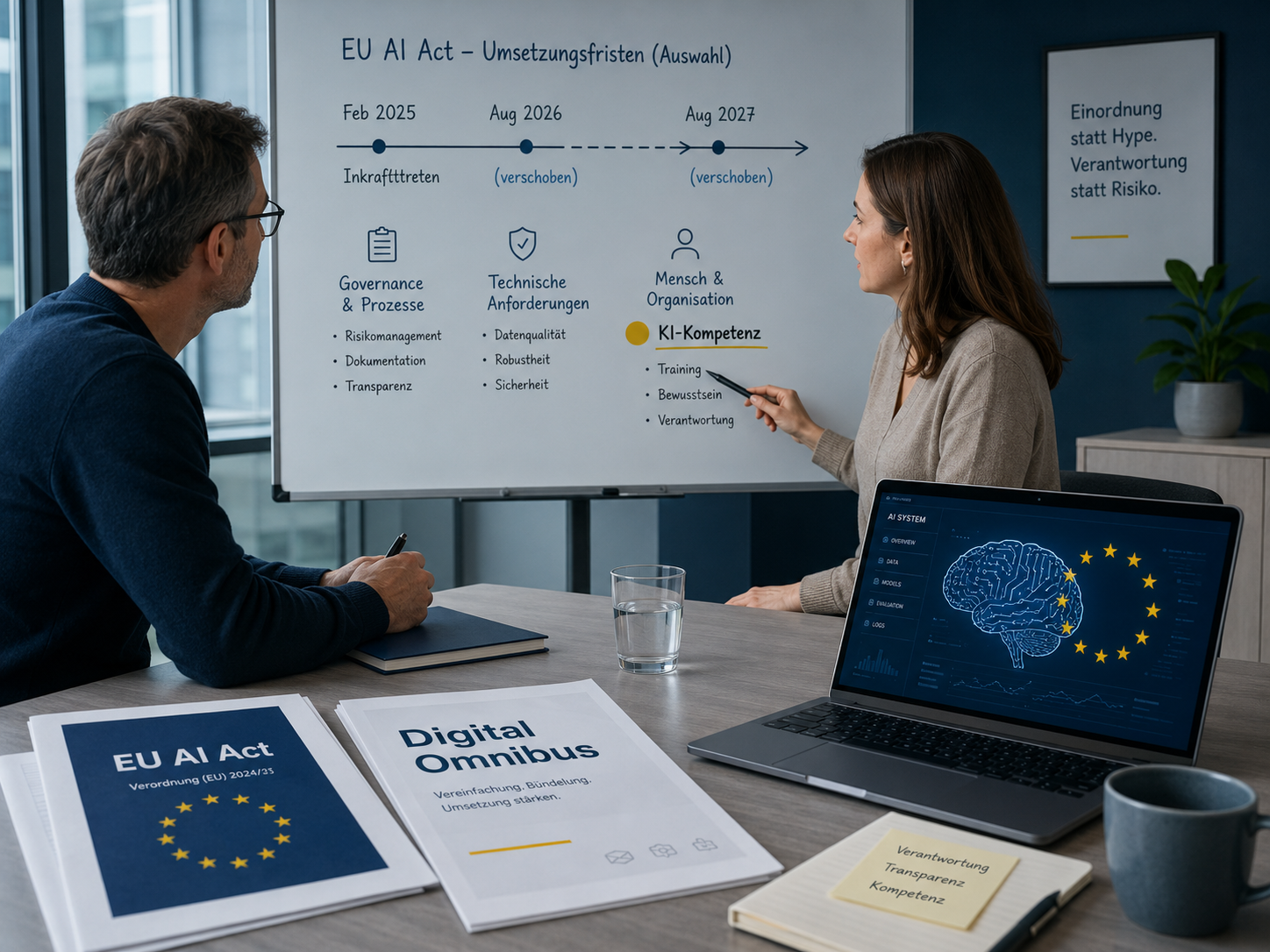 Two colleagues discuss an EU AI Act timeline on a whiteboard; a laptop shows a brain graphic with EU stars in the foreground.