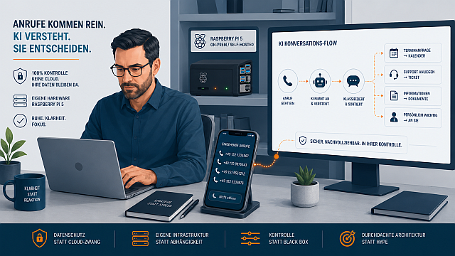 A man with glasses sits at a desk with a laptop, smartphone, and a large monitor showing AI call-flow diagrams and support UI.
