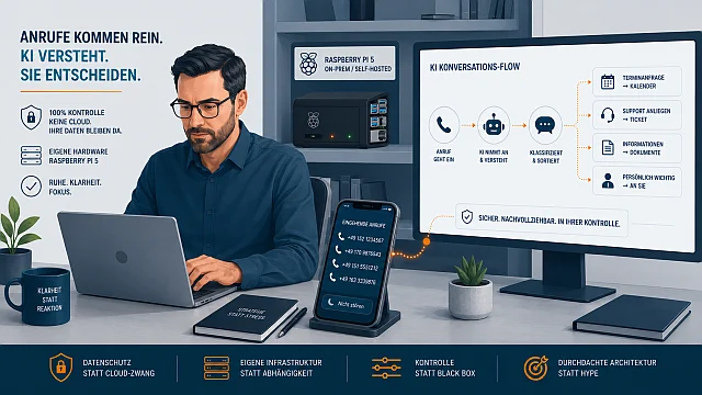 Arbeitsplatz mit Laptop, Smartphone und großem Monitor, auf dem der Gesprächsablauf des KI-Telefonassistenten Felix und die Support-Oberfläche zu sehen sind.