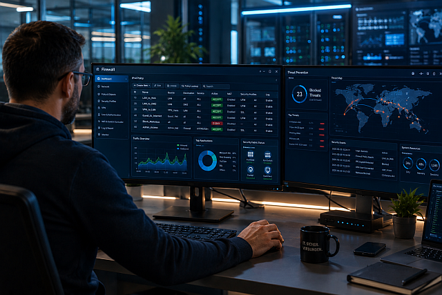 Male IT professional monitors real-time security dashboards on two large screens in a dark, high-tech office.