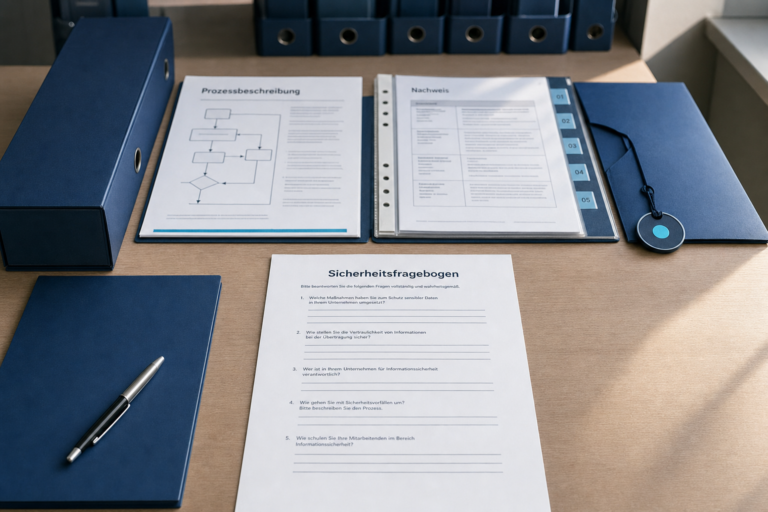 Auf einem Arbeitstisch liegt ein Sicherheitsfragebogen vor einem geordneten Bündel aus Prozessunterlage, abgelegtem Nachweis und kleiner Zuständigkeitsmarkierung. Zwischen Fragebogen und Unterlagen bleibt ein schmaler freier Streifen.