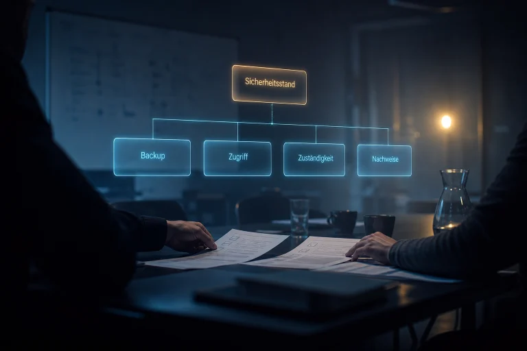 Auf einem Besprechungstisch liegen Ausdrucke mit Checklisten, während zwei Hände einzelne Blätter nebeneinander schieben. Darüber eine blau leuchtende Datenebene aus Karten und Linien. Eine Karte „Sicherheitsstand“ hängt an einer eigenen Linie über dem Tisch und bleibt vom Netz getrennt.