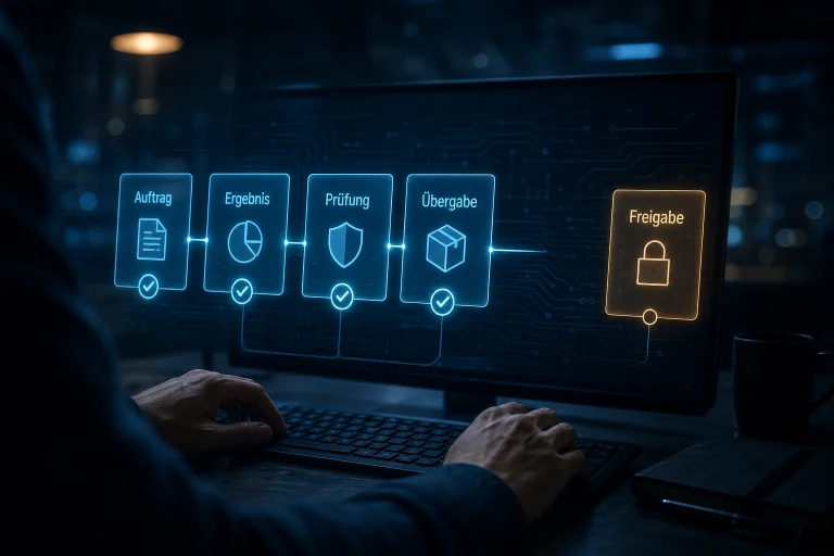 Zwei Hände liegen neben einer Tastatur auf einem Schreibtisch, auf dem Monitor ist ein abgeschlossener Arbeitslauf zu sehen. Darüber eine blau leuchtende Datenebene aus Karten und Linien. Seitlich hängt genau eine Karte „Freigabe“ ohne Haken an einer eigenen Linie und bleibt vom Netz getrennt.