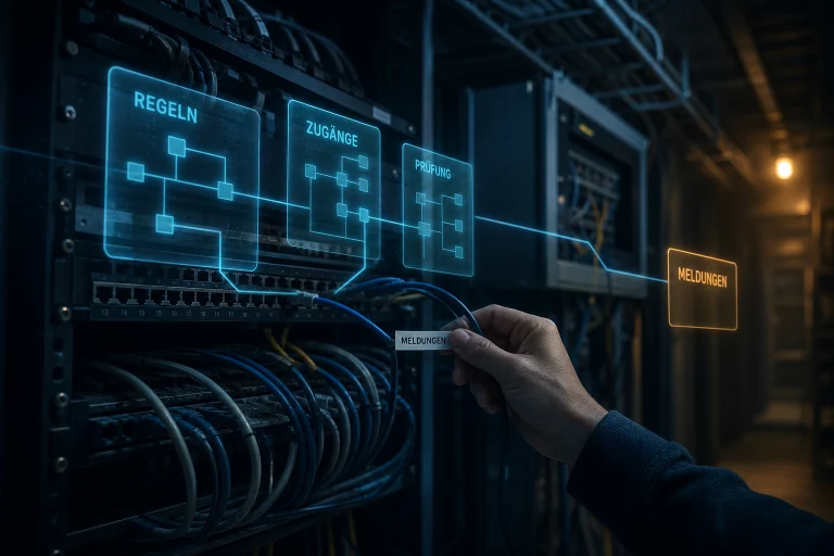 Eine Hand zieht ein beschriftetes Netzwerkkabel aus einem Technikschrank und hält es vor die offene Verkabelung. Darüber eine blau leuchtende Datenebene aus Karten und Linien. Die Karte „Meldungen“ hängt ohne Haken an einer eigenen Linie, die das Netz nicht berührt.