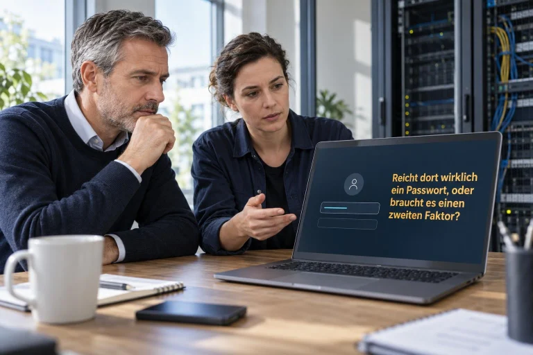 Two professionals discuss cybersecurity at a server room, looking at a laptop displaying a German password security message: 'Reicht dort wirklich ein Passwort, oder braucht es einen zweiten Faktor?'