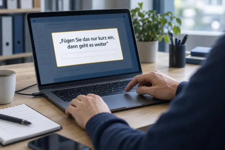 Nahaufnahme eines Laptops auf einem Holztisch. Zwei Hände halten vor dem Trackpad inne, während ein Dialogfenster die Aufforderung zeigt, etwas einzufügen, damit es weitergeht.