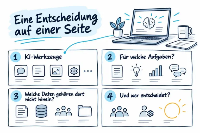Infografik: Titel 'Eine Entscheidung auf einer Seite' mit vier Panels zu KI-Werkzeugen, Aufgaben, Daten und Entscheidungen.