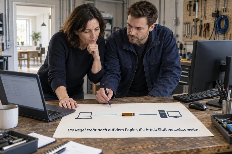 Two coworkers in a workshop lean over a table, studying a poster with a device diagram and German text.
