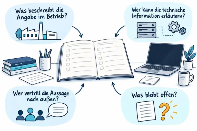 Helle Sketchnote mit einem Sicherheitsfragebogen, einem Arbeitsplatz-Laptop und vier Fragen zur Klärung einer Antwort. Ein kleines amberfarbenes Fragezeichen markiert die noch offene Stelle.