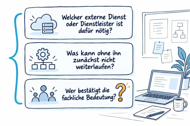 Infografik mit drei Textfeldern: 'Welcher externe Dienst oder Dienstleister ist dafür nötig?', 'Was kann ohne ihn zunächst nicht weiterlaufen?', 'Wer bestätigt die fachliche Bedeutung?'