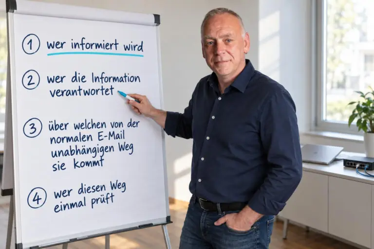 Michael Höner steht in einem hellen Besprechungsraum neben einem Flipchart mit vier Punkten zur Erreichbarkeit. Neben ihm liegen ein geschlossener Laptop und ein kleiner Netzwerkswitch.