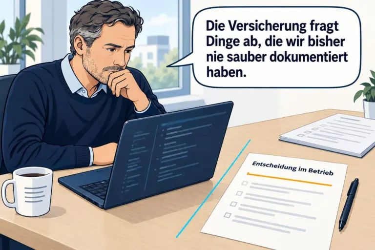 Gezeichneter Büro-Comic: Eine Führungskraft sitzt zwischen einem Laptop mit neutralen Platzhalterzeilen, einem unlesbaren Fragebogen und einer Arbeitsseite. Das Feld „Entscheidung im Betrieb“ ist amber unterstrichen und offen.