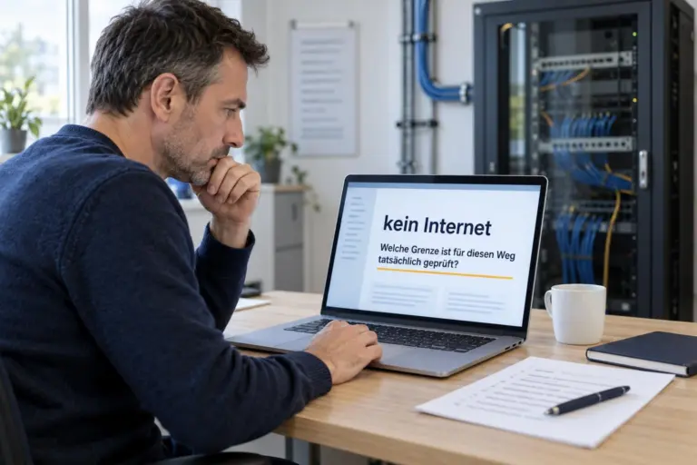 Man at a laptop in an office, screen shows 'kein Internet' (no internet) with a server rack in the background; IT troubleshooting scene.