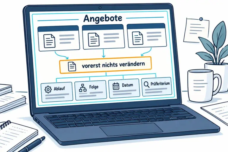 Illustration of a laptop screen showing a German workflow: 'Angebote' with boxes and arrows, center 'vorerst nichts verändern', bottom sections Ablauf, Folge, Datum, Prüfkriterium.