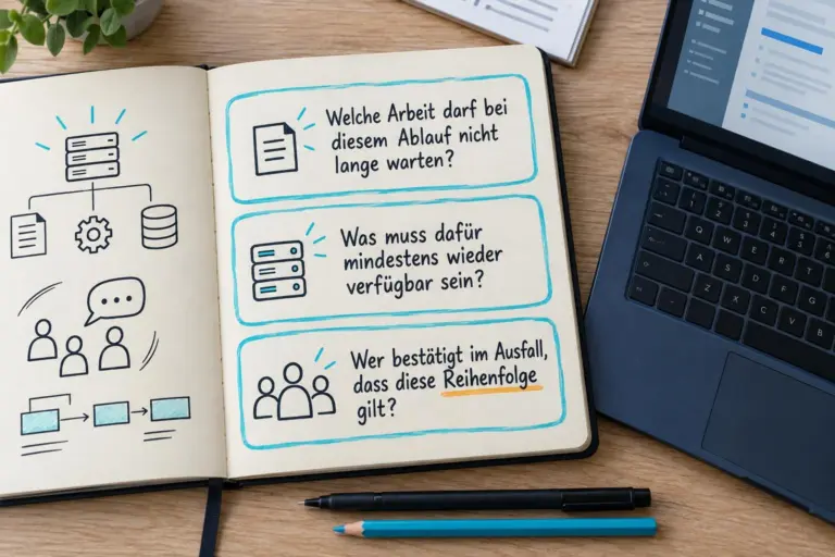 Open notebook showing three blue-outlined boxes with German questions; left page has simple flowchart icons and people illustrations, laptop nearby on desk.