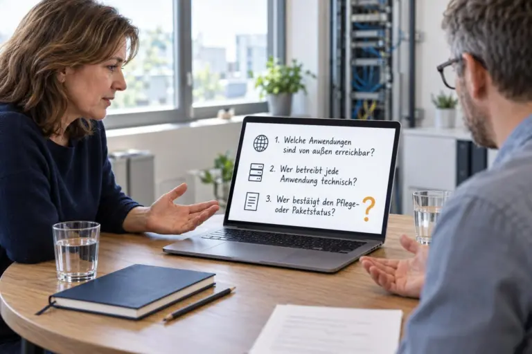 Two people discuss across a wooden table, laptop screen shows German questions with a yellow question mark in the corner (informal meeting).