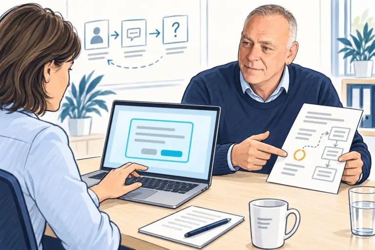 Two professionals in a meeting: a woman types on a laptop while a man points to a flowchart on a paper document across the table.